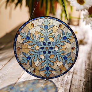 Blue floral mandala stained glass suncatcher window decor gift for housewarming or birthday